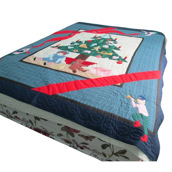 Log Cabin Christmas Tree Quilt Applique Ornaments Elves Queen Vintage 1994 GUC - Picture 1 of 16